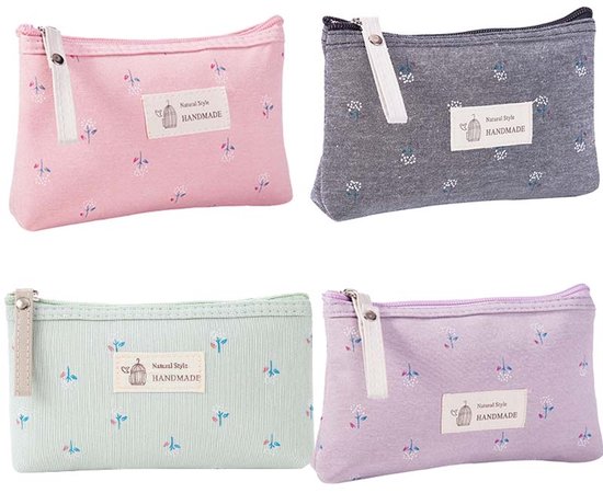 4-delig Set Waterdichte Make-up Tassen - Geprint Canvas Toilettas met Rits - Draagbare & Multifunctionele Cosmetic Tas (4 Kleuren: Paars, Groen, Grijs, Roze)