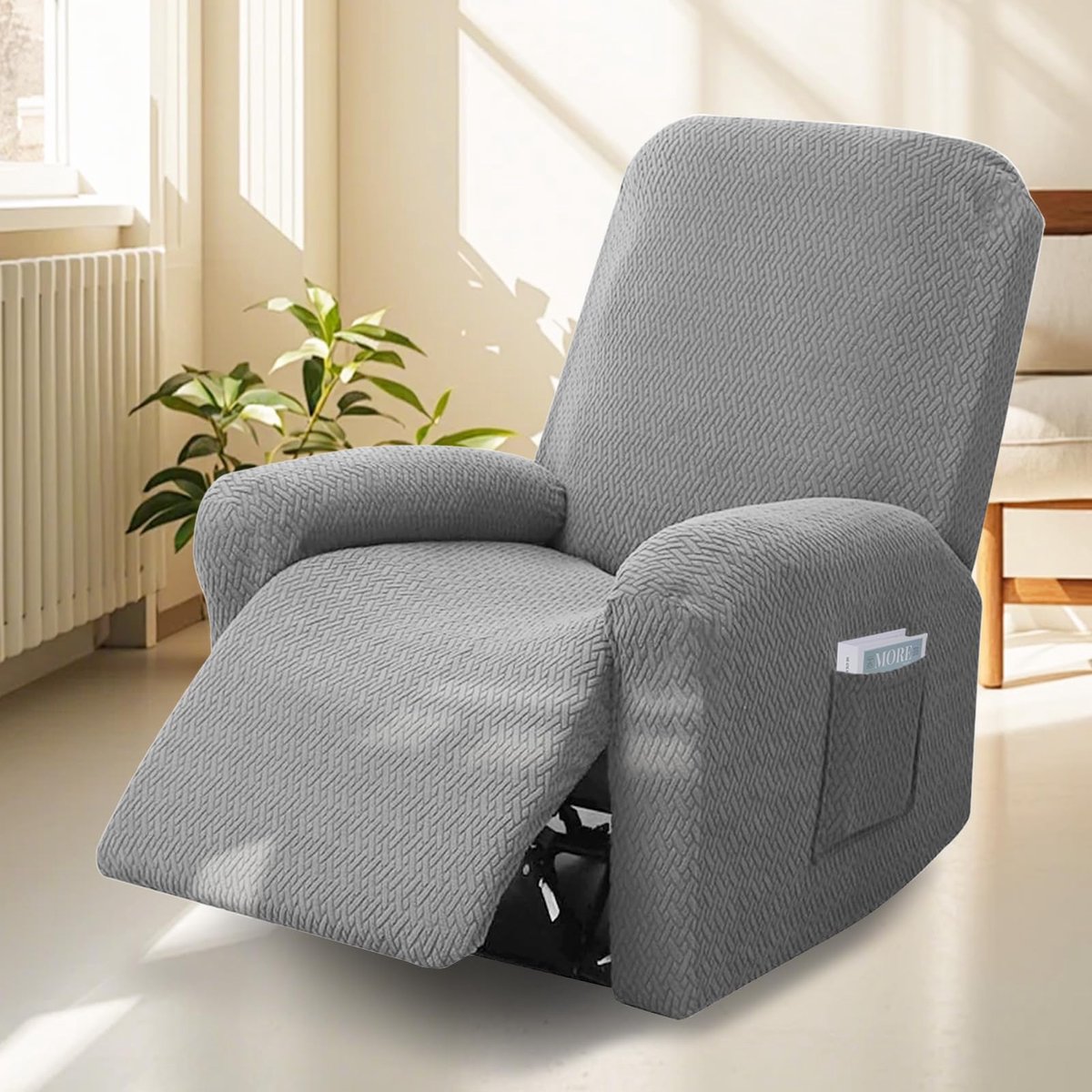 Unyqoos Elastische 4-delige Stoelhoes voor Relaxstoel met Zakken en Bescherming, lichtgrijs, 120*80*100 cm
