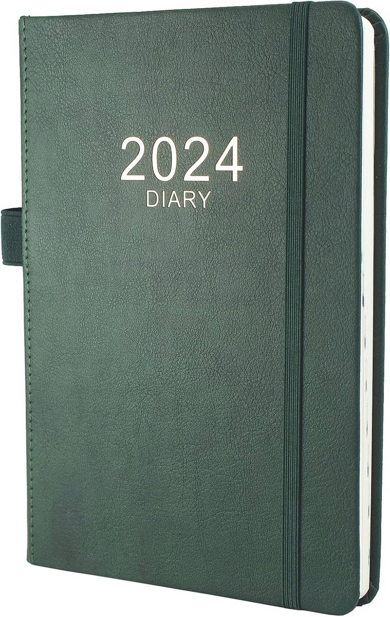 2024 A5 Dagplanner - Dag per pagina met maandelijkse tabbladen en penlus - Groene planner voor productiviteit