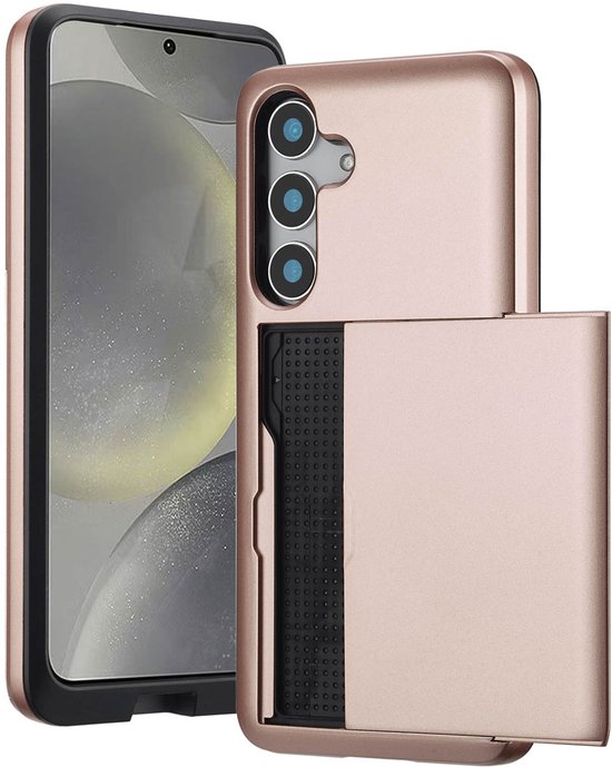 Uitschuifbare pashouder hoesje Samsung Galaxy S25 rosé goud, 2 pasjes, skimming bescherming, krasbestendig, slank design