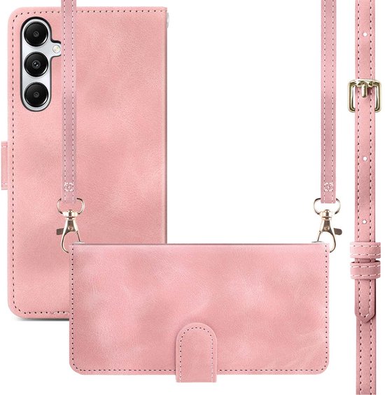 Roze telefoonhoes met verstelbaar koord en een apart vakje.