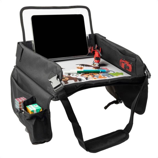 imoshion Reistafel voor kinderen - Tekentafel met Tablethouder inclusief 2 kleurplaten - Auto organizer met 7 opbergvakken - Opvouwbaar - Zwart