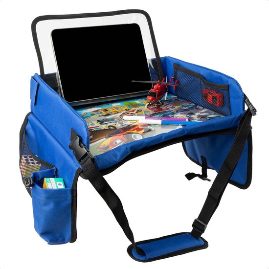 imoshion Reistafel voor kinderen - Tekentafel met Tablethouder inclusief 2 kleurplaten - Auto organizer met 7 opbergvakken - Opvouwbaar - Blauw