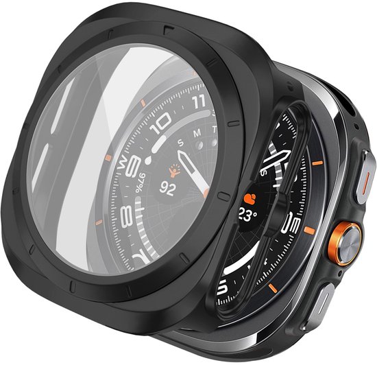 Zwarte smartwatch case met een glazen display beschermer, om een smartwatch met oranje bandje.
