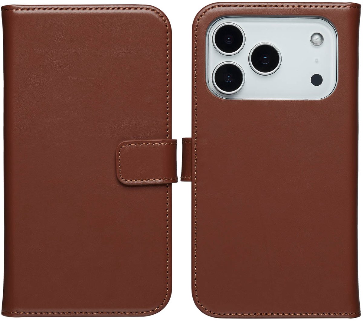 Selencia Hoesje - Geschikt voor Apple iPhone 17 Pro - Echt Lederen Bookcase - Lichtbruin