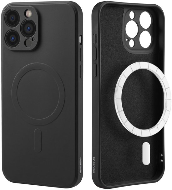 Coque noire avec anneau MagSafe, avant et arrière visibles.