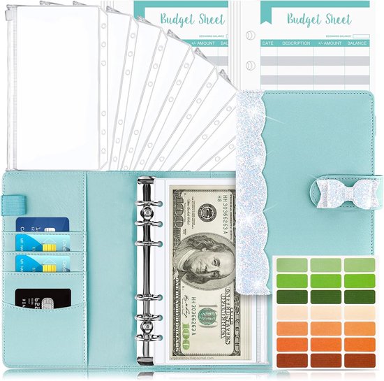 TAOPE Budgetmap met budget-envelop, A6 budgetplanner, sets van PU-leer, budgetboek, 6 ringen, wisselbaar, met transparante A6-hoesjes, budget-organizer, blauw