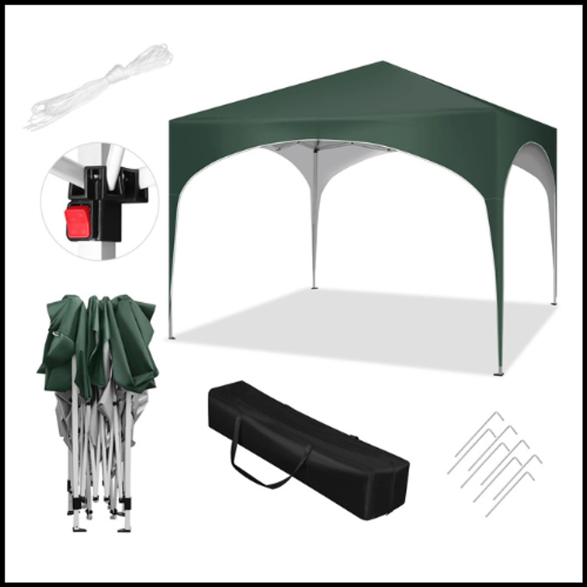 Opvouwbaar tuinpaviljoen 3x3m – Partytent met halve cirkel dak – Waterdicht – UV-bescherming – Verstelbare hoogte – Stabiel metalen frame – Eenvoudige montage – Groen