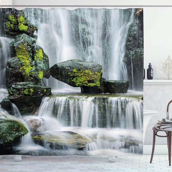 Rideau de douche ABAKUHAUS Paysage – 175x220 cm – Blanc/Noir/Vert