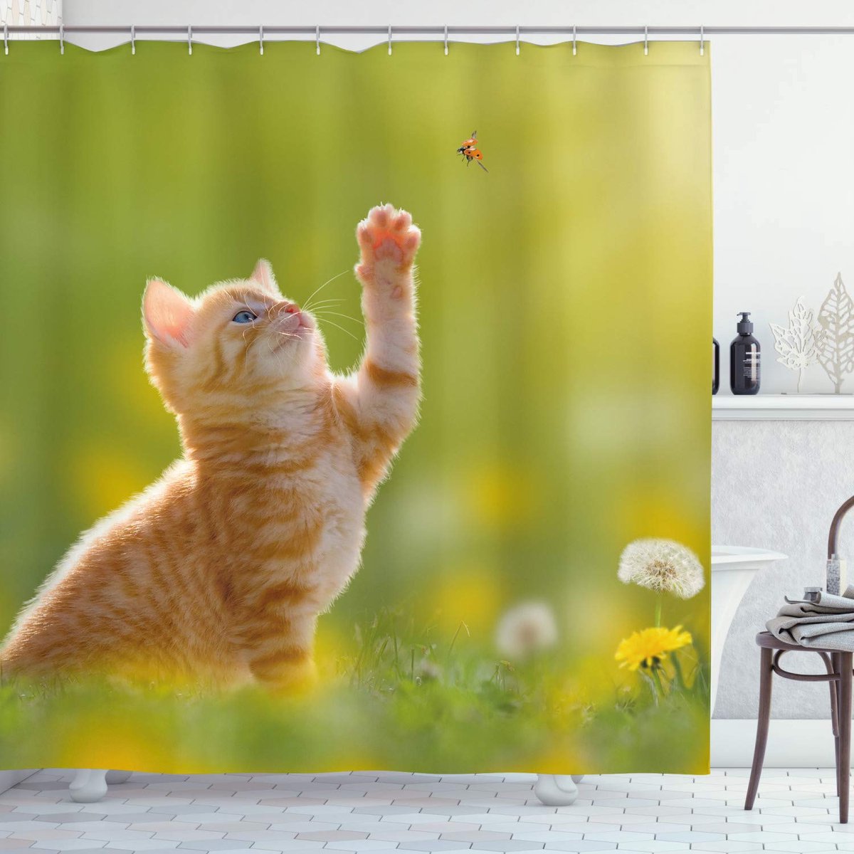ABAKUHAUS – Douchegordijn met dierenprint – 175×220 cm – Geel Groen