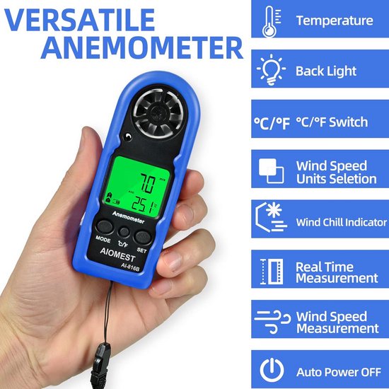 Handheld Digitale Anemometer met LCD & Achtergrondverlichting - Windsnelheidsmeter met MAX/AVG, Wind Chill en Beaufortschaal — afbeelding 2