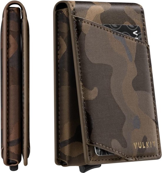 VULKIT Slanke portemonnee voor mannen Pop-up kaarthouder Minimalistische tweevoudige portefeuilles RFID-blokkering Magnetische sluiting Houdt 12 kaarten (Espresso