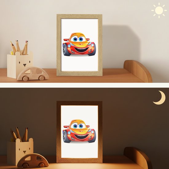 Nachtlampje 15x20 cm - Kinder lamp - Raceauto - Oranje - Jongens - Kinderen - Auto - Tafellamp kinderkamer - Slaapkamer lamp - Bedlamp kinderen - Kinderlampje stopcontact - Wandlamp babykamer - Nachtlampjes van Merkloos — afbeelding 4