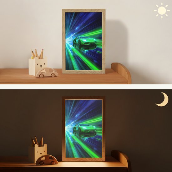 Nachtlampje 20x30 cm - Kinder lamp - Snelheid - Licht - Sportwagen - Groen - Tafellamp kinderkamer - Slaapkamer lamp - Bedlamp kinderen - Kinderlampje stopcontact - Wandlamp babykamer - Nachtlampjes van Decofun — afbeelding 4