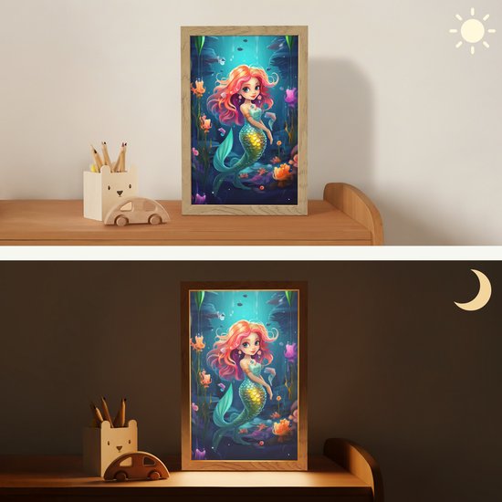 Nachtlampje 20x30 cm - Kinder lampje - Zeemeermin - Bloemen - Onderwater - Meisjes - Kind - Tafellamp kinderkamer - Slaapkamer lamp - Bedlamp kinderen - Kinderlampje stopcontact - Wandlamp babykamer - Nachtlampjes van OnlyWow — afbeelding 4