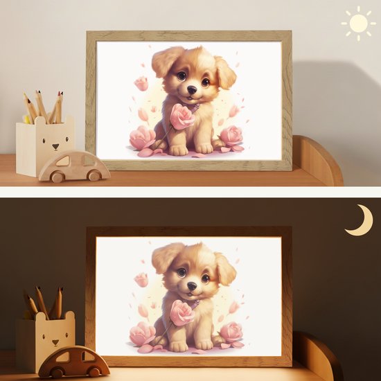 Nachtlampje 30x20 cm - Kinder lampje - Hond - Bloemen - Roze - Meisjes - Kind - Tafellamp kinderkamer - Slaapkamer lamp - Bedlamp kinderen - Kinderlampje stopcontact - Wandlamp babykamer - Nachtlampjes van OnlyWow — afbeelding 4