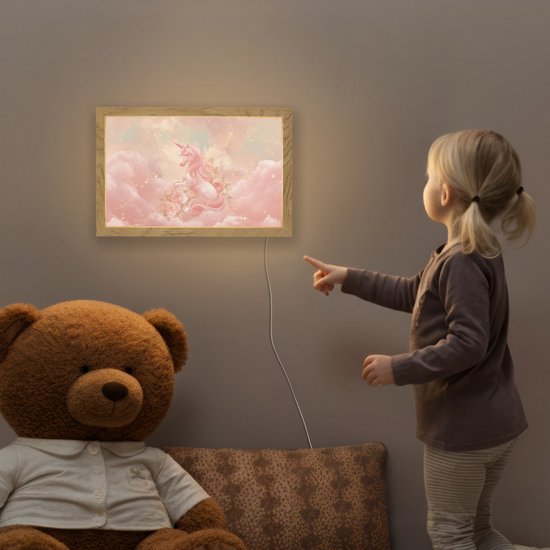 Nachtlampje 30x20 cm - Kinder lamp - Eenhoorn - Wolken - Roze - Tafellamp kinderkamer - Slaapkamer lamp - Bedlamp kinderen - Kinderlampje stopcontact - Wandlamp babykamer - Nachtlampjes van Merkloos — afbeelding 5