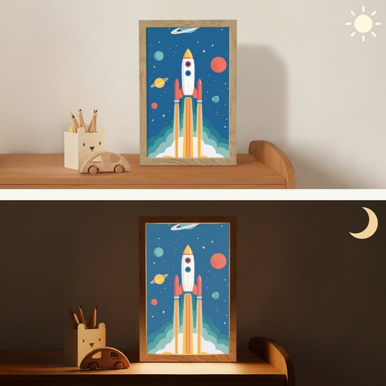 Nachtlampje 20x30 cm - Kinder lamp - Raket - Planeten - Ruimte - Tafellamp kinderkamer - Slaapkamer lamp - Bedlamp kinderen - Kinderlampje stopcontact - Wandlamp babykamer - Nachtlampjes van Merkloos — afbeelding 4