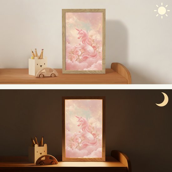 Nachtlampje 20x30 cm - Kinder lamp - Eenhoorn - Wolken - Roze - Tafellamp kinderkamer - Slaapkamer lamp - Bedlamp kinderen - Kinderlampje stopcontact - Wandlamp babykamer - Nachtlampjes van Deco City. — afbeelding 4