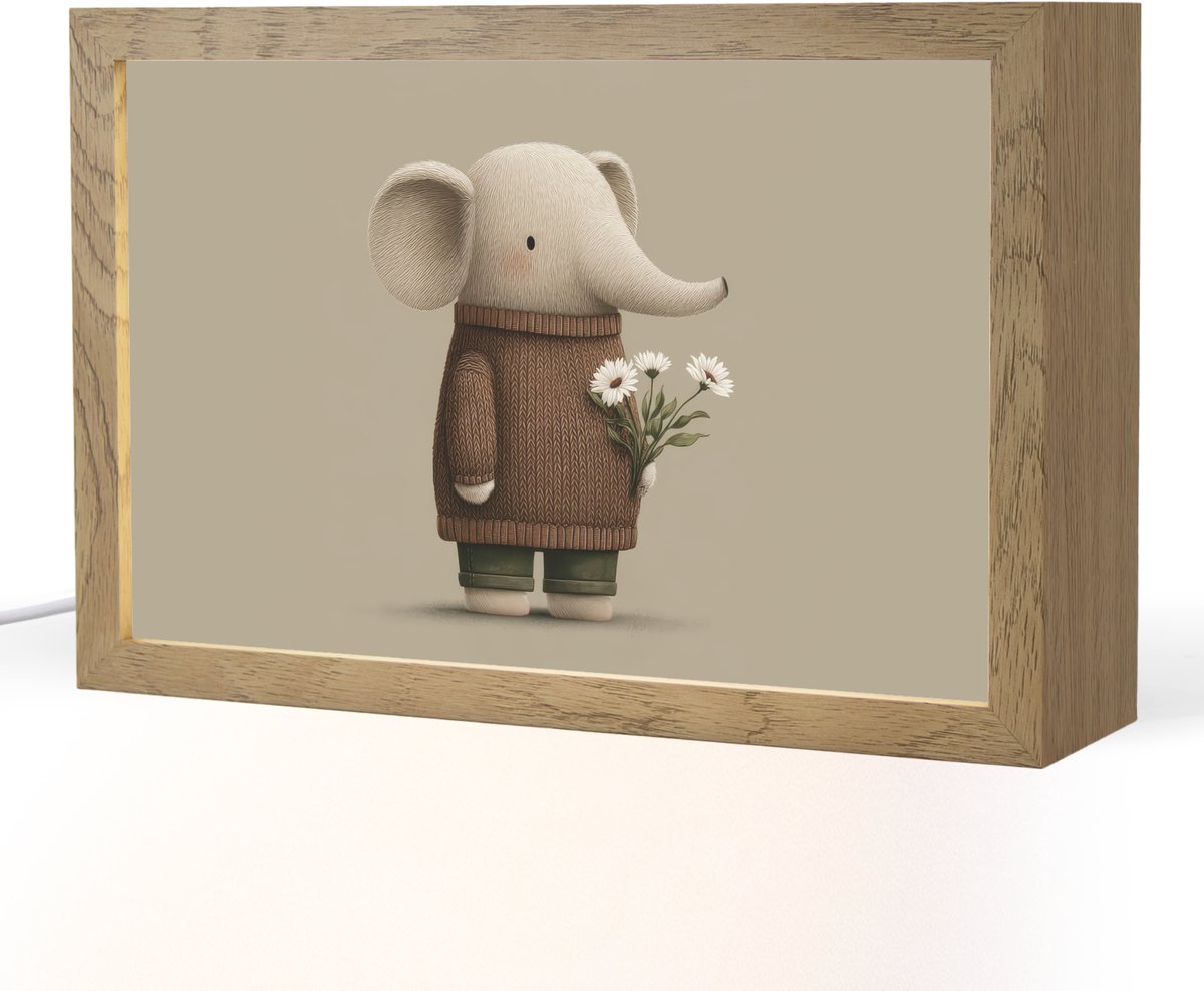 Nachtlampje 30x20 cm - Kinder lampje - Olifant - Witte bloemen - Kindvriendelijk - Tafella