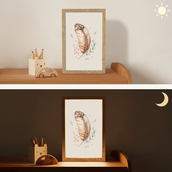 Nachtlampje 20x30 cm - Kinder lampje - Veer - Bohemian - Boho - Pastel kleuren - Tafellamp kinderkamer - Slaapkamer lamp - Bedlamp kinderen - Kinderlampje stopcontact - Wandlamp babykamer - Nachtlampjes van OnlyWow — afbeelding 4