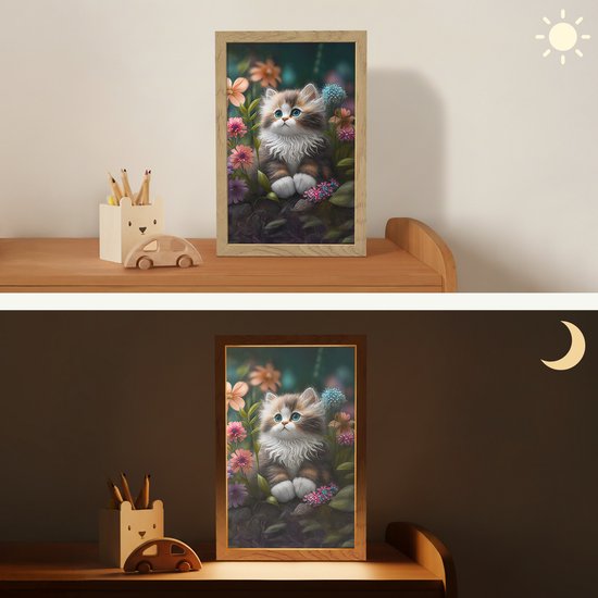 Nachtlampje 20x30 cm - Kinder lamp - Kitten - Illustratie - Bloemen - Natuur - Kat - Tafellamp kinderkamer - Slaapkamer lamp - Bedlamp kinderen - Kinderlampje stopcontact - Wandlamp babykamer - Nachtlampjes van Merkloos — afbeelding 4