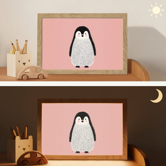 Nachtlampje 30x20 cm - Kinder lamp - Pinguïn - Stippen - Minimalistisch - Roze - Tafellamp kinderkamer - Slaapkamer lamp - Bedlamp kinderen - Kinderlampje stopcontact - Wandlamp babykamer - Nachtlampjes van Merkloos — afbeelding 4