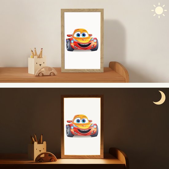 Nachtlampje 20x30 cm - Kinder lamp - Raceauto - Oranje - Jongens - Kinderen - Auto - Tafellamp kinderkamer - Slaapkamer lamp - Bedlamp kinderen - Kinderlampje stopcontact - Wandlamp babykamer - Nachtlampjes van Merkloos — afbeelding 4