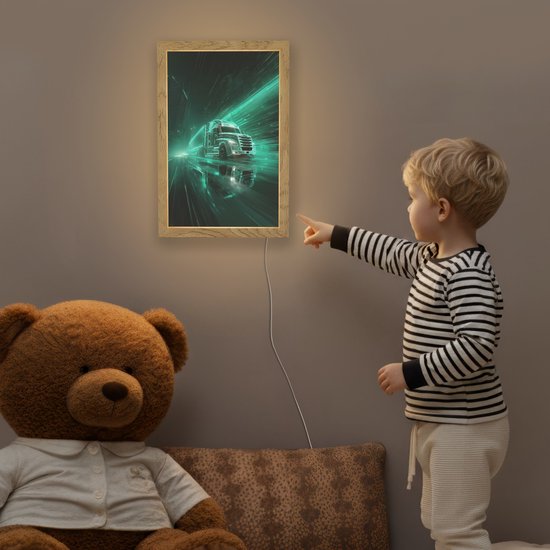 Nachtlampje 20x30 cm - Kinder lamp - Vrachtwagen - Snelheid - Groen - Neon - Tafellamp kinderkamer - Slaapkamer lamp - Bedlamp kinderen - Kinderlampje stopcontact - Wandlamp babykamer - Nachtlampjes van Merkloos — afbeelding 5