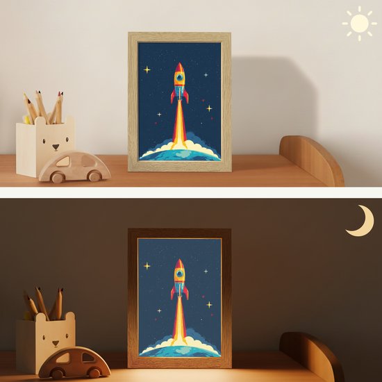 Nachtlampje 15x20 cm - Kinder lamp - Raket - Rookwolken - Ruimte - Tafellamp kinderkamer - Slaapkamer lamp - Bedlamp kinderen - Kinderlampje stopcontact - Wandlamp babykamer - Nachtlampjes van Merkloos — afbeelding 4