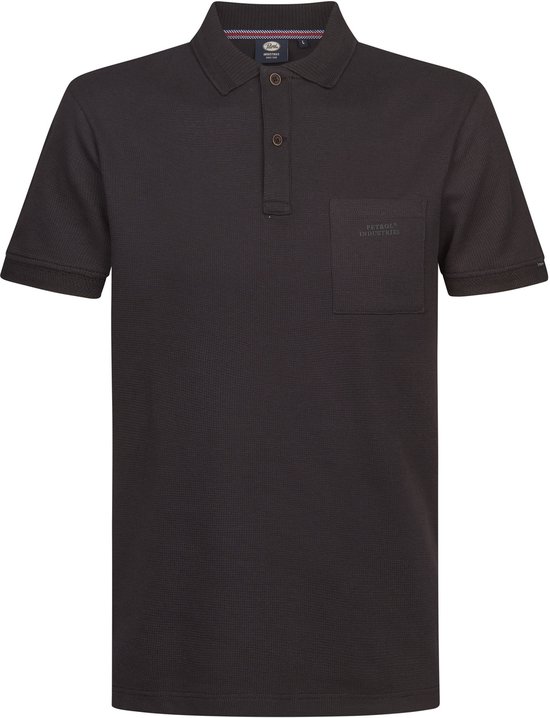 Zwart piqué poloshirt met korte mouwen, borstzak met geborduurd logo.