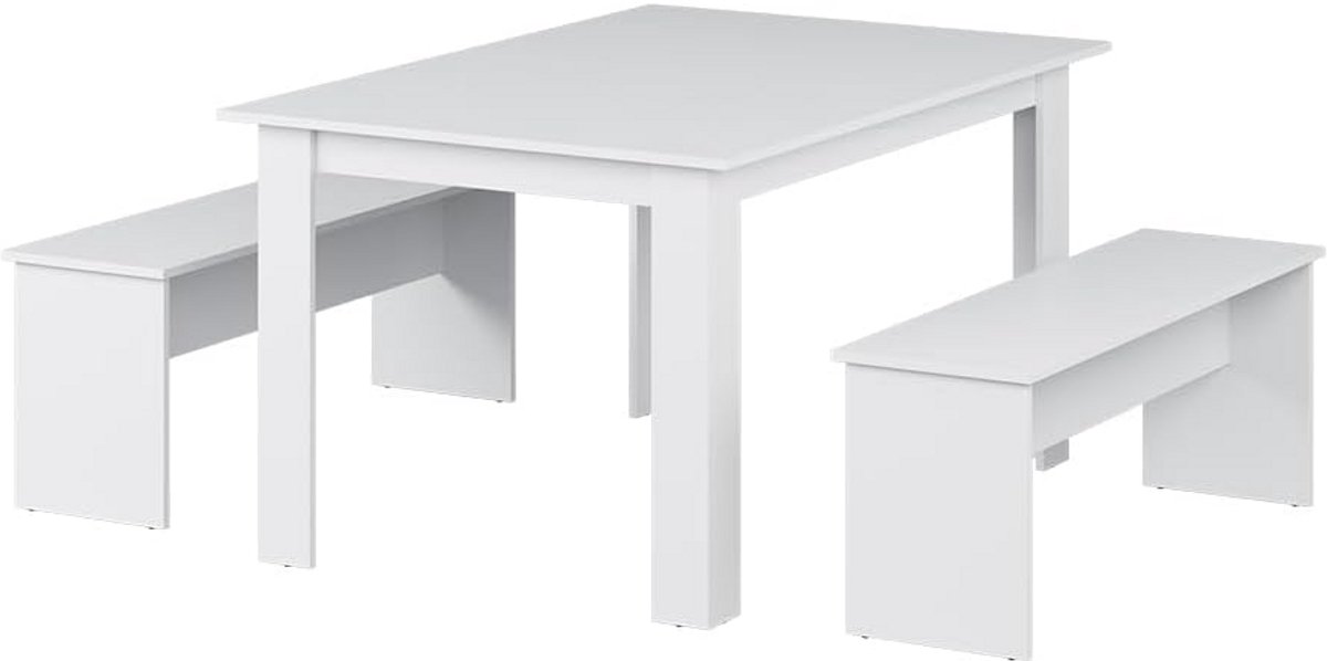 Eetkamerset Tafel met 2 Banken Wit 90 x 140 cm - Moderne Zitgroep voor 6 Personen