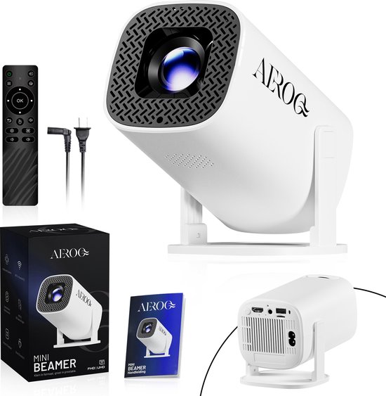 AeroQ mini beamer, afstandsbediening, oplader en verpakking. Beamer met zwart raster en lens.