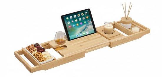 Étagère de bain avec porte-livre + place pour bougie et Glas de vin - Pont de bain extensible - 75 à 109 cm de large