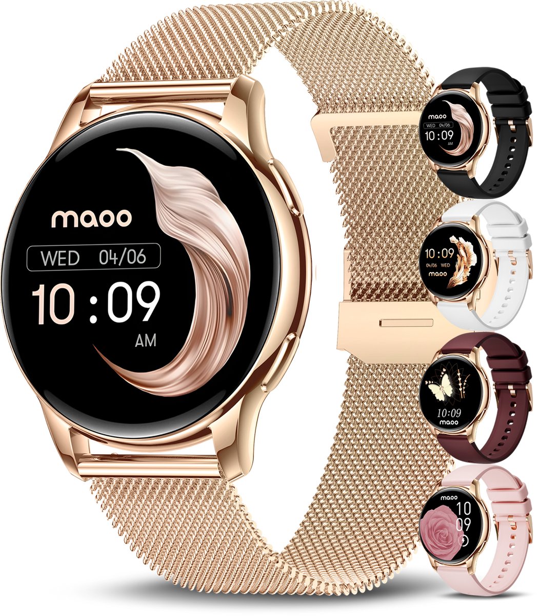 Maoo Ventura AMOLED Smartwatch Dames - RVS en Siliconen Bandje - Stappenteller - Hartslagmeter - Slaapmonitor - Multisport - Geschikt voor Android en iOS - Rosé Goud en Roze