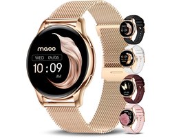 Maoo Ventura AMOLED Smartwatch Dames - RVS en 4x Siliconen Bandje - Stappenteller - Hartslagmeter - Slaapmonitor - Multisport - Geschikt voor Android en iOS - Rosé Goud en Roze