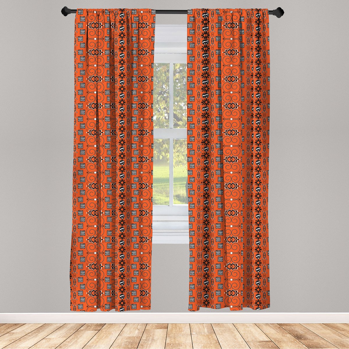 ABAKUHAUS Afrikaanse Vitrages – 2-delige set 75x175 cm – Oranje Zwart Wit – roedezak