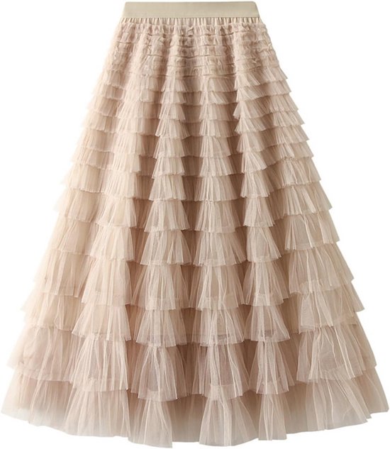 Tule Rok Elegante Midi Tule Rok Dames - Gelaagde Ruches Mesh Rok met Hoge Taille ...