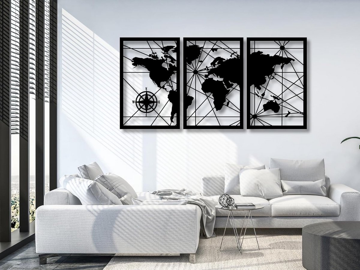 3D Houten Wereldkaart Wanddecoratie Zwart Goud voor Woonkamer en Kantoor