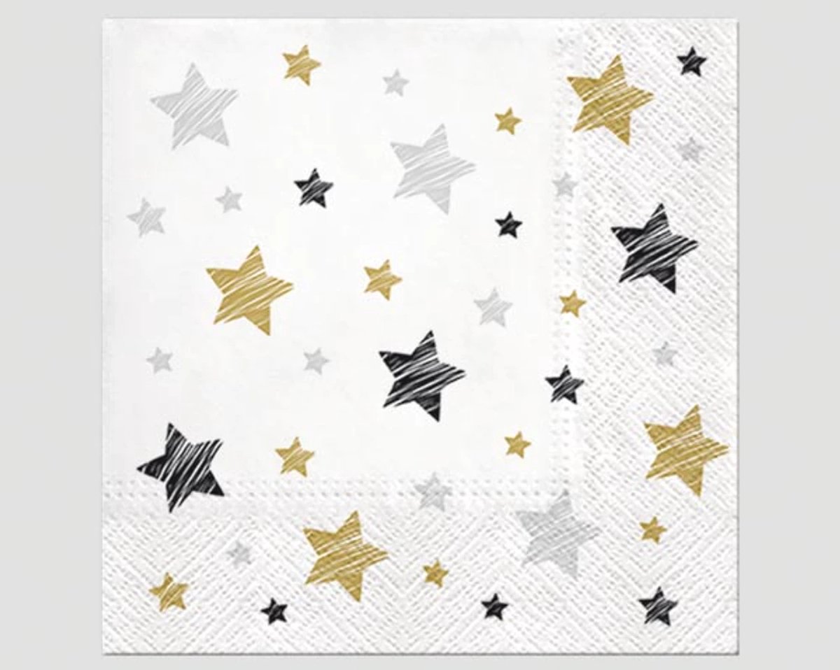 40 Servetten - Sterren - Wit - Zwart - Goudbruin - Zilvergrijs - 33 x 33 cm - 3-Laags - Premium Collection by Jean