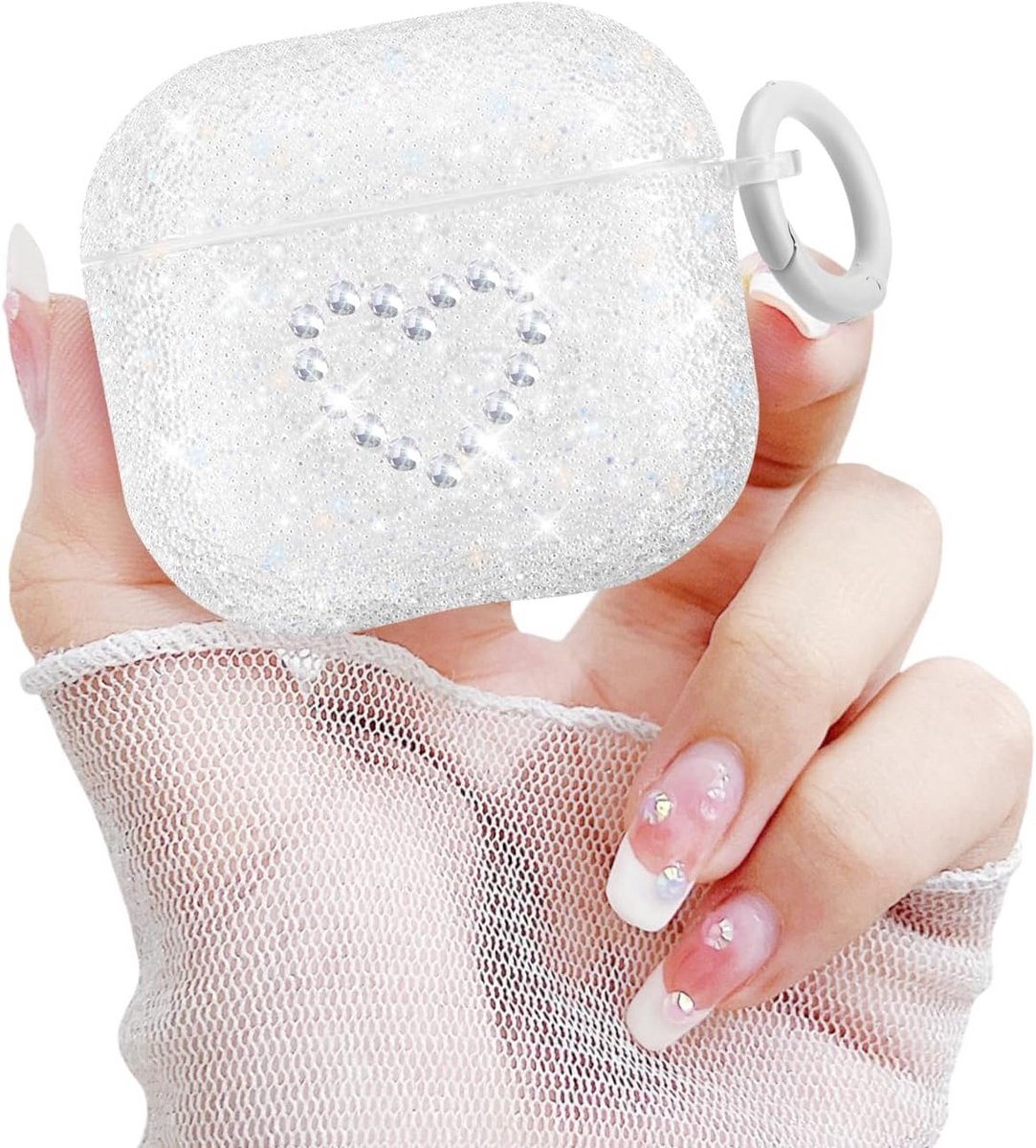 Glitter Oplaadhoesje voor AirPods 4 met Hartjesdesign en Karabijnhaak