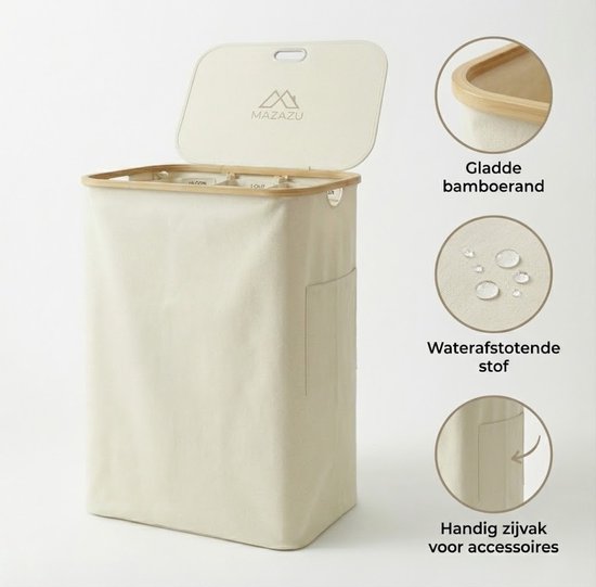 Crèmekleurige wasmand met bamboe rand, deksel en drie vakken. Details tonen de gladde bamboerand, waterafstotende stof en een zijvak.