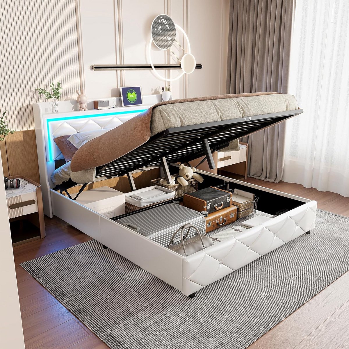 Tweepersoons gestoffeerd bed (160x200 cm) met LED en USB-opladen