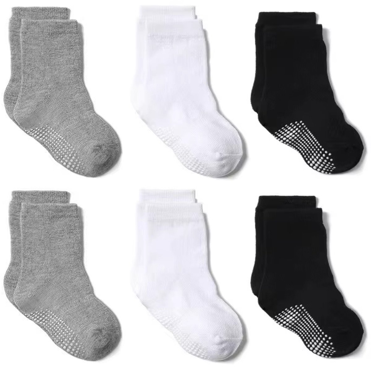 6 Paar - Antislip Sokken Kind - Baby Sokjes - Jongens Sokken - Meisjes Sokken - 1-3 jaar - Zwart Wit Grijs