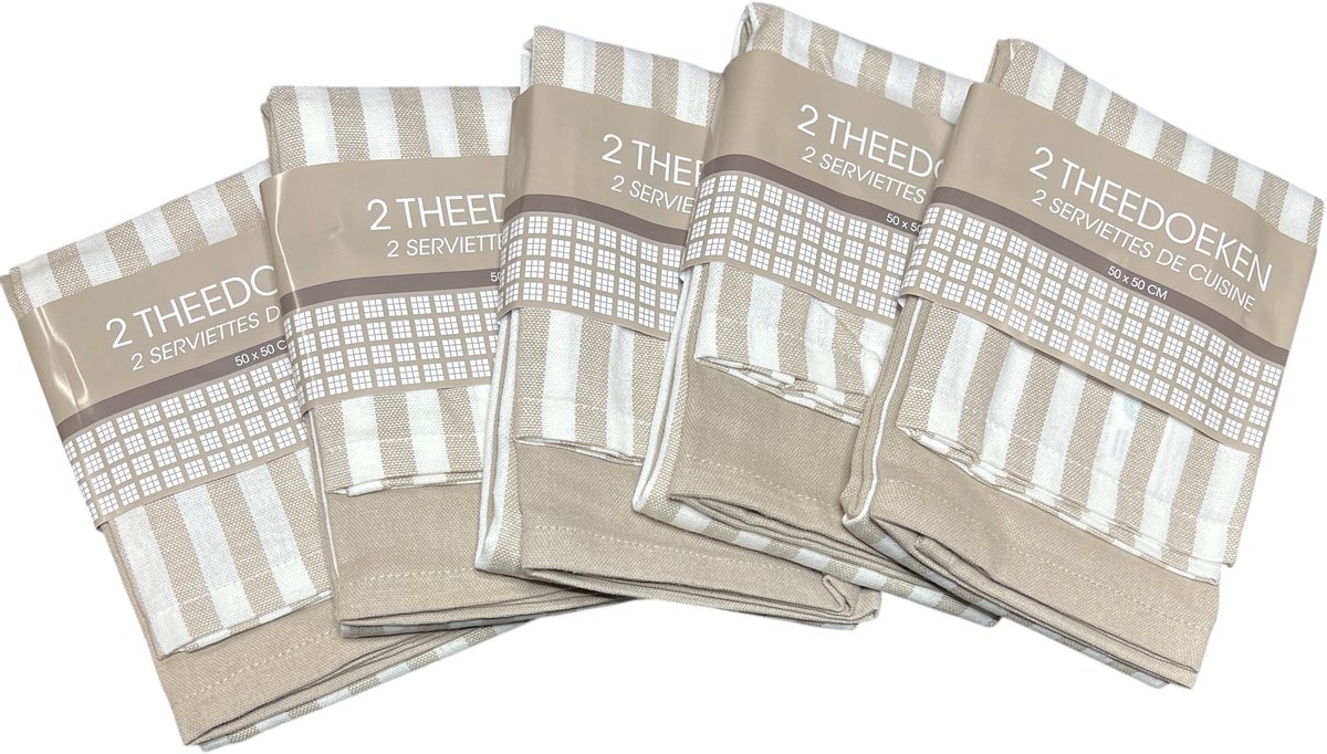 10 stuks (5 x set à 2 st) Theedoek 50 cm x 50 cm Beige 100 % Katoen