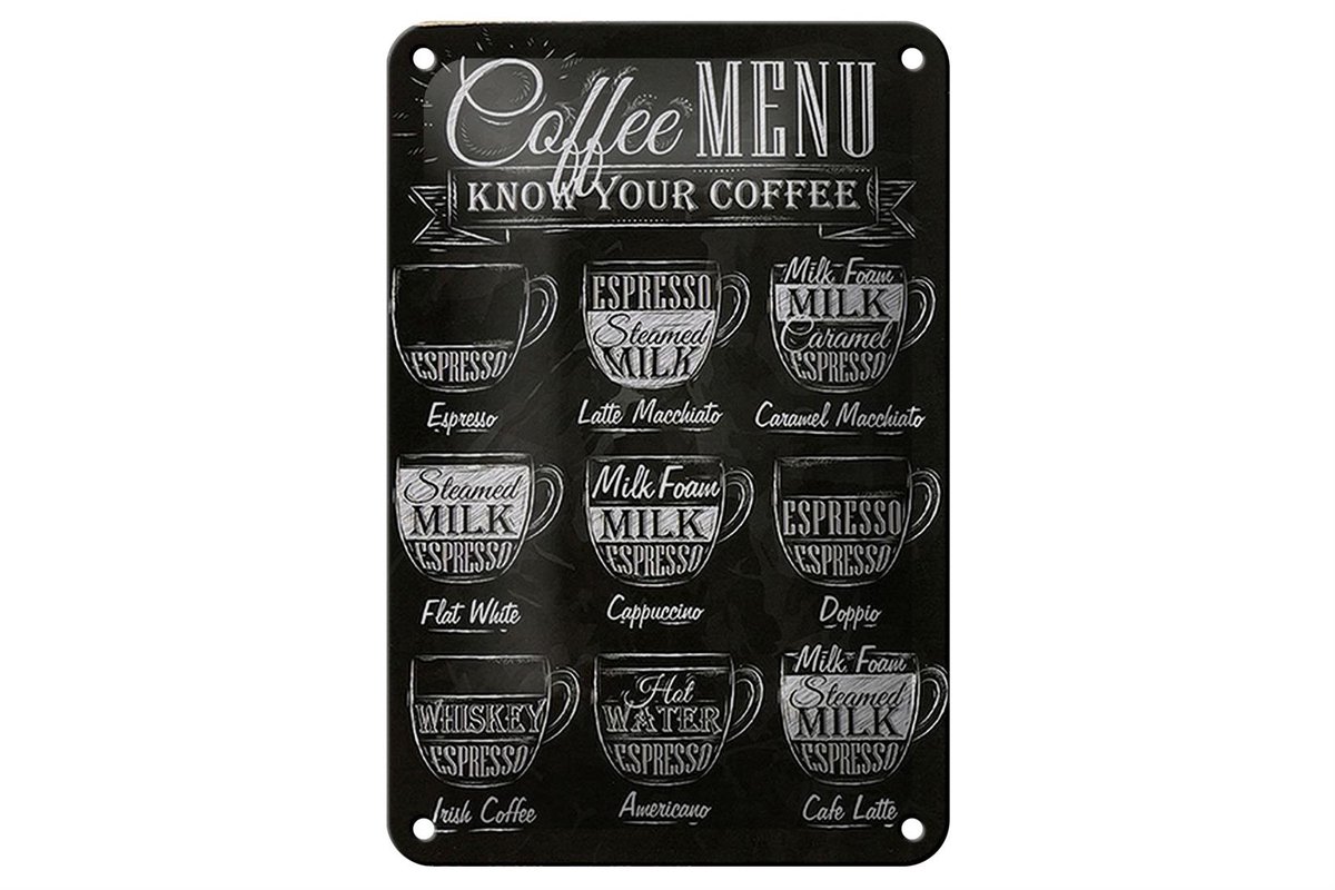 Blechschild Kaffee 12x18cm Coffee Menu Espresso Latte Flat