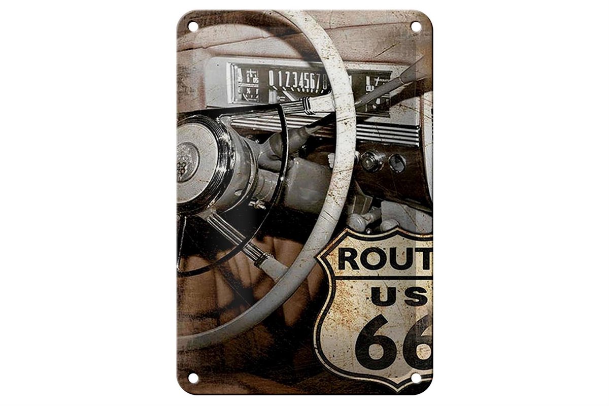 Blechschild Retro 12x18cm Auto Lenkrad Route US 66