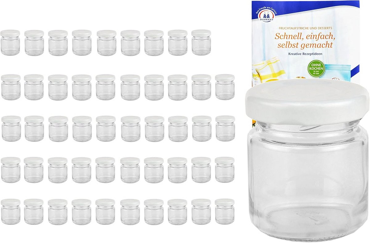 Set van 50 mini glazen potjes 53 ml met witte deksels voor jam en confituur