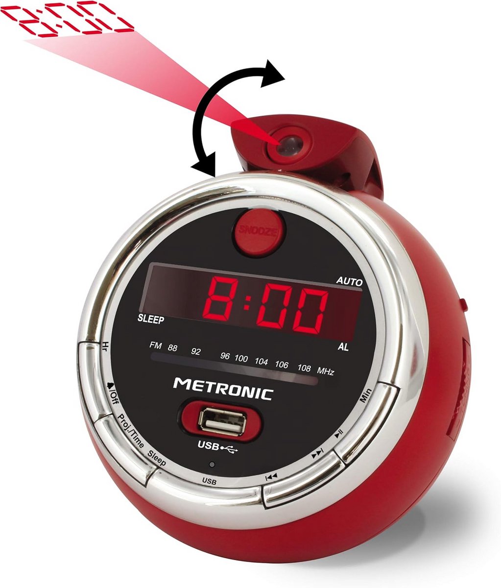 Wekkerradio met USB en CEilingprojectie - Rode Snooze-wekker