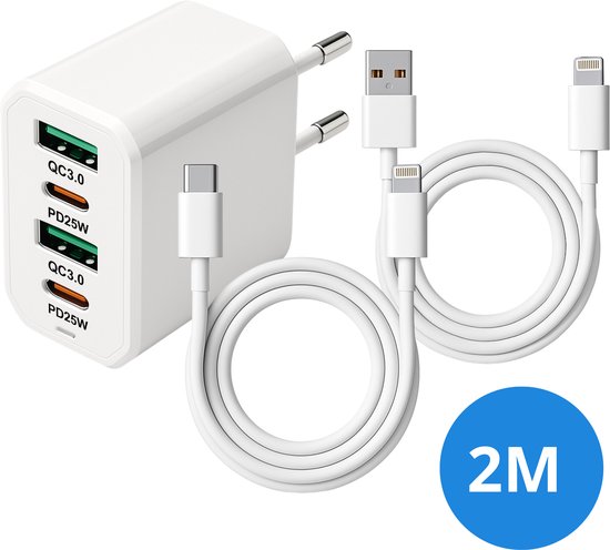 Xtronic 25W 4-Poorts Snellader – Inclusief 2x Lightning Kabel 2m – Geschikt voor iPhone t/m 14
